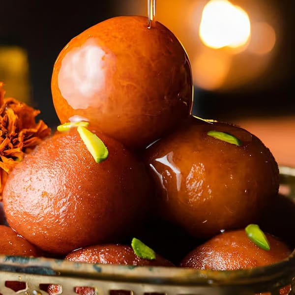 Gulab Jamun, an Indian dessert, with syrup drizzling over the top, garnished with pistachios.