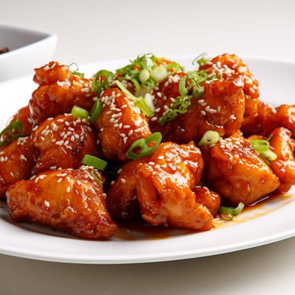 Sweet Magic Indo-Chinese Restaurant's chili chicken, garnished with sesame seeds and green onions.